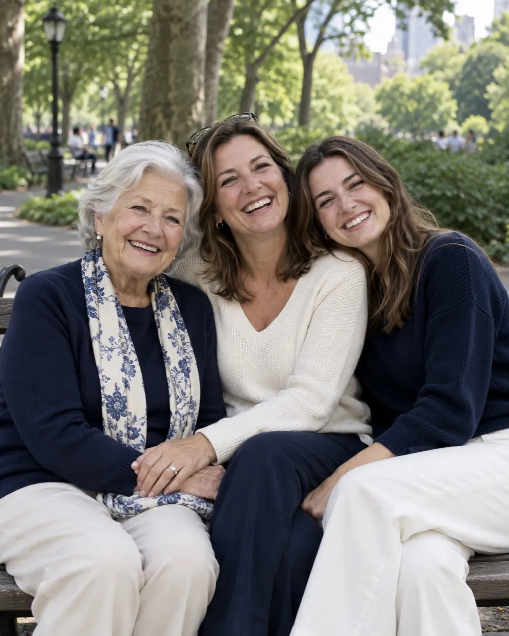 Age progression photoshoot idea: three generations on a bench