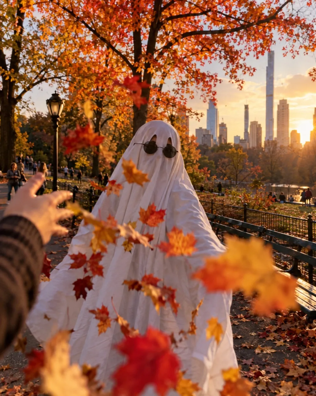 Ghost photoshoot idea: leaf toss under fall trees