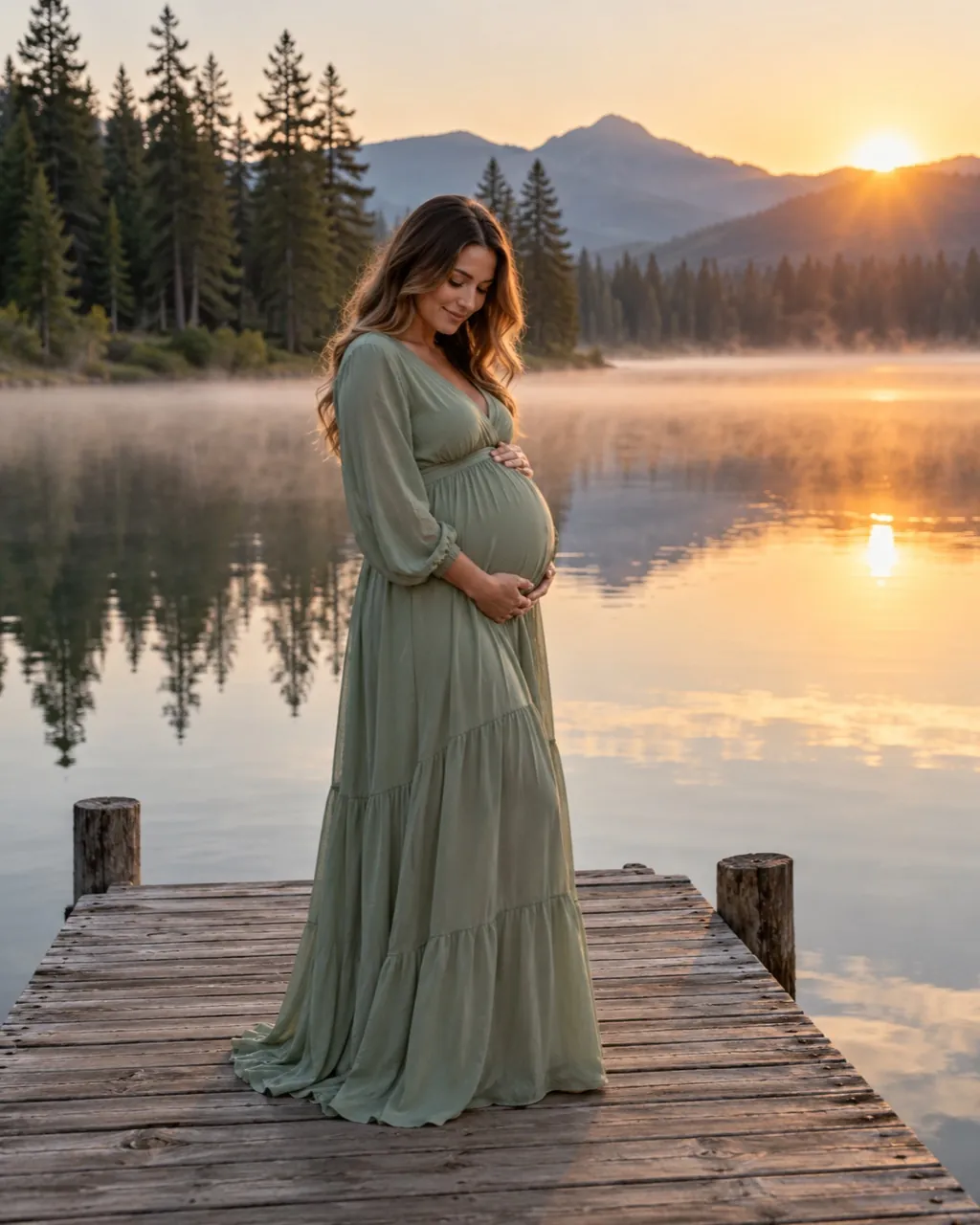 Maternity photoshoot idea: lakeside dock at sunrise