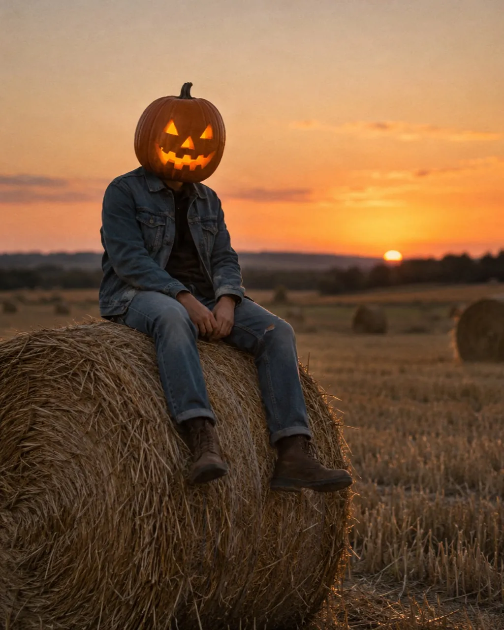 Pumpkin photoshoot idea: pumpkin head in an empty field